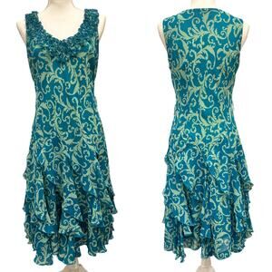 Ladybug Vintage Y2K Blue and Green Mermaid Fairy Nymph Ruffle Leaf Print Dress